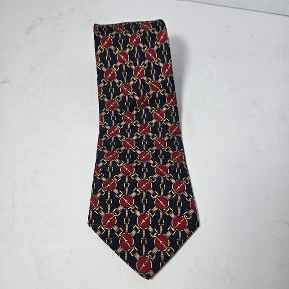 Brooks Brothers Makers Mens Silk Tie Necktie Maroon Blue geometric design - Picture 1 of 6